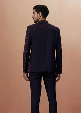 alt message - Manyavar Men Dark Blue Self Weaved Bandhgala Indo Western image number 3